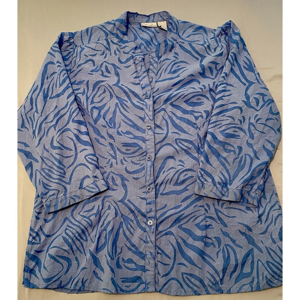 Kim Rogers Shirt Women Size XL Blue Print Blouse Top 3/4 Sleeves